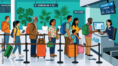 Diverse group of passengers with luggage queuing at airport check-in counter, travelers waiting in line for flight boarding, tourism, and travel illustration.