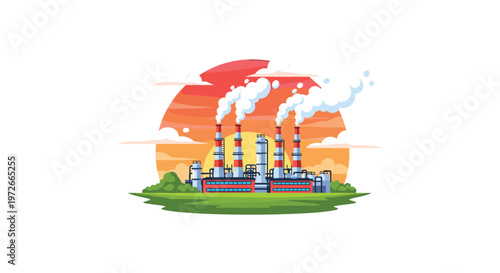 A massive industrial refinery with towering red and white striped chimneys emitting thick white smoke stands before a colossal glowing orange sunset and clouds.