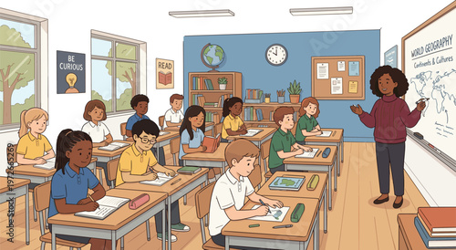 Diverse group of students sitting at desks in classroom, female teacher teaching world geography lesson at whiteboard, education, learning, and school illustration.