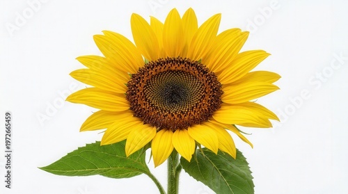Close-Up Photo Of Bright Yellow Sunflower With Green Stem And Leaf On White Background