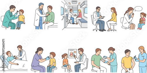 Medical checkup collection, doctors and nurses examining patients, pediatric care, vaccinations, physical exams, and clinical consultations, flat vector illustration isolated on white background.