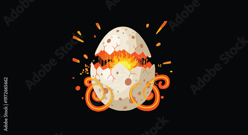 A speckled white egg shell fractures apart to release a brilliant core of golden light and swirling orange energy ribbons against a deep black background.