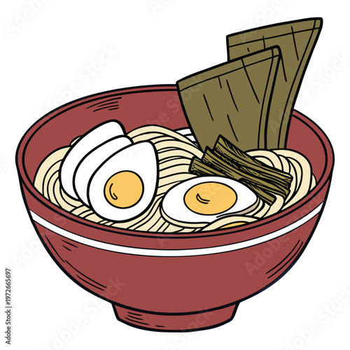 A deep red bowl with creamy broth, a perfectly halved soft-boiled egg, and stylized nori.