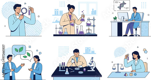 Set of scientists working in laboratory, researchers conducting experiments with microscope, test tubes, and data analysis for medical and scientific discovery illustration.