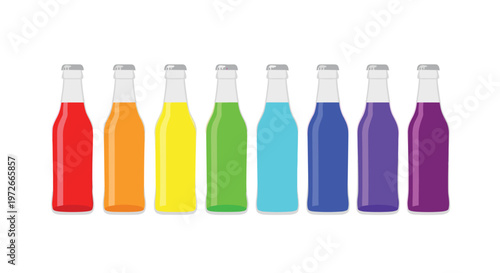 A perfectly aligned horizontal row of eight glass soda bottles displays a vibrant spectrum of rainbow colored liquids ranging from deep red to dark purple.