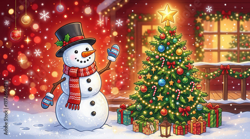 Festive Snowman and Decorated Christmas Tree in Cozy Holiday Scene Photo