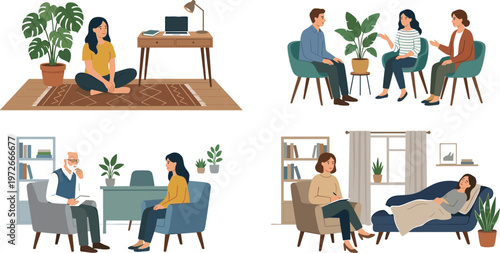 Vector illustration set of psychological therapy sessions featuring individual counseling, group support, and clinical consultation, depicting mental health care and professional advice, isolated.