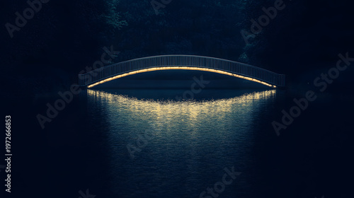 Serene Night Bridge Reflection: A modern bridge, illuminated with soft lights, arches gracefully over calm water, reflecting a tranquil nighttime scene.