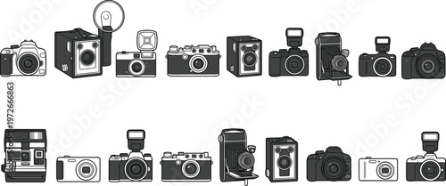 Vintage and modern camera collection, retro photography gear set, dslr, rangefinder, instant film, and antique folding cameras, black and white vector illustration.