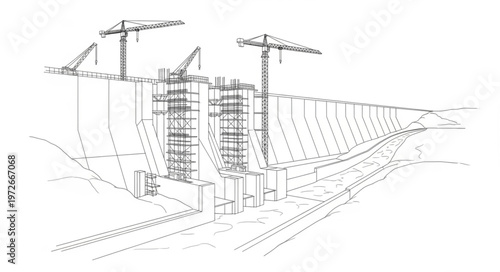 Construction Site Sketch - Cranes and Building Framework Illustration.