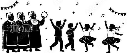 Traditional cultural celebration with musicians playing accordions and tambourine, children dancing joyfully, festive banners, music notes, community heritage, happiness, lively festival atmosphere