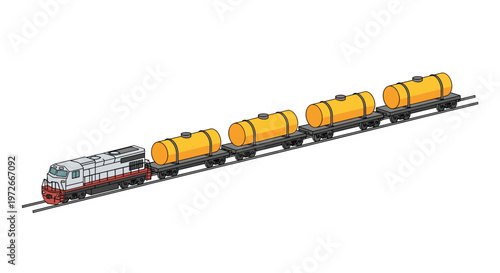 A modern freight train consisting of a white diesel locomotive with red accents pulls four bright yellow cylindrical fuel tanker cars along a track.