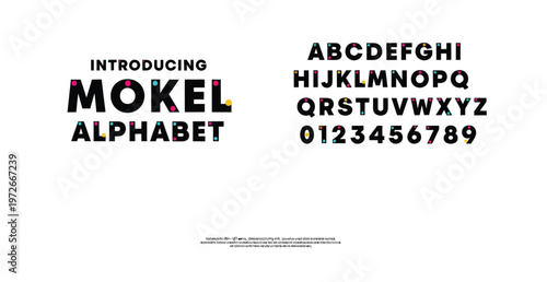 Introducing the Mokel Alphabet font with colorful typography and numbers on a white background
