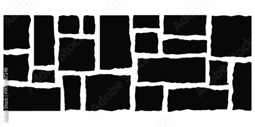A geometric pattern featuring irregularly sized black rectangular blocks on a stark white background.