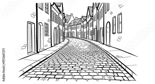 Cobblestone Street Perspective - A Detailed Architectural Sketch of a European Town.