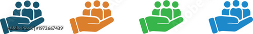 colorful flat icons of hands holding people groups symbolizing care support community and teamwork in blue orange green and teal