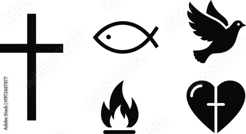 Christian symbols cross fish dove flame and heart