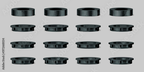 Arrangement of black cylindrical objects in a grid pattern