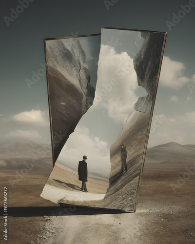 Mirrored Reflection: A lone figure stands before a fractured mirror, reflecting a surreal landscape, inviting introspection on the concept of self and environment.