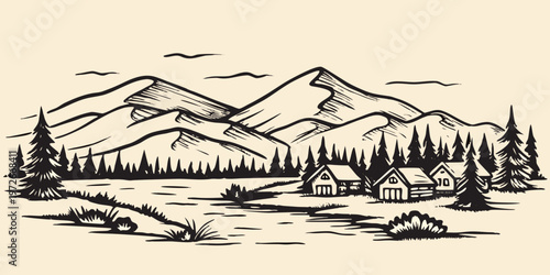 A detailed sketch depicts a rustic cabin scene amidst mountainous terrain