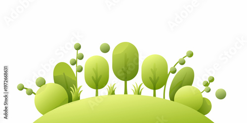 Stylized green landscape featuring rounded trees and rolling hills