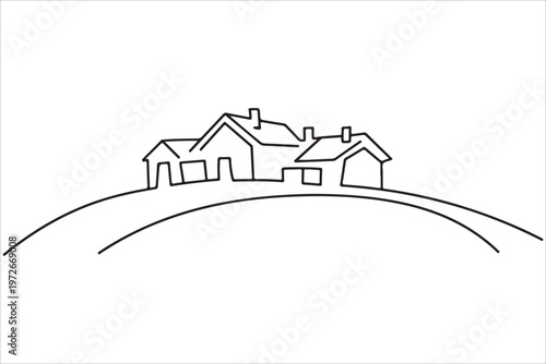 Minimalist Village Line Art Vector Landscape, Minimal Line Art Vector Illustration