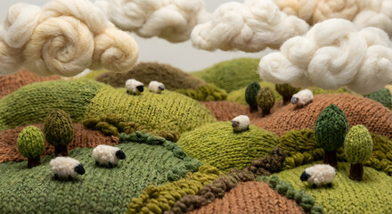 Leinwandbilder Pistache Surreal landscape made of knitted wool with sheep, trees and clouds, craft art concept.  © Duvanova Images