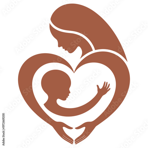 Mother holding child in a heart shape silhouette logo representing maternal love care family bonds and motherhood symbol for parenting support and child healthcare services design.