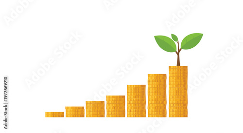 A series of golden coin stacks arranged in an ascending bar graph formation features a small green plant sprouting from the tallest final stack.