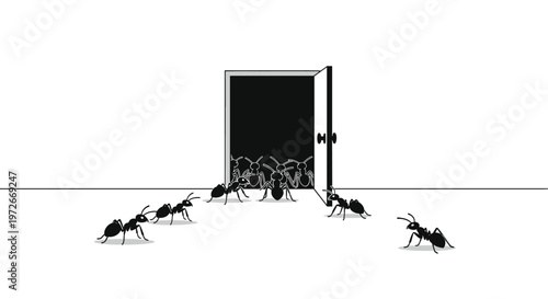 Multiple black worker ants emerge from a dark open doorway into a stark white minimalist room with subtle shadows cast upon the bright floor surface.