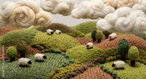 Surreal landscape made of knitted wool with sheep, trees and clouds, craft art concept.