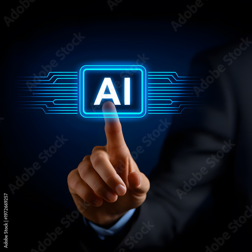 Digital Awakening: A hand in a business suit interacts with a glowing AI interface, illustrating the innovative intersection of humanity and advanced technology.