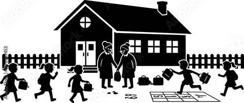 Schoolyard scene with children carrying bags, hopscotch grid, teachers conversing, picket fence, traditional schoolhouse building, education, community interaction, cultural heritage illustration