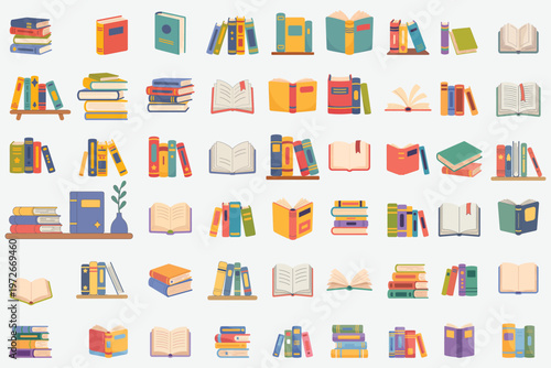 A large collection of colorful book icons isolated on white background, Vector