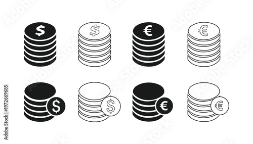 Global Currency Icon Set with Dollar, Euro, Yen and Sterling Symbols, Money Vector Illustration