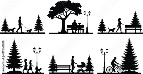 Park lifestyle silhouettes collection, people walking dog sitting bench cycling with trees and street lamps, outdoor urban nature scene vector illustration set