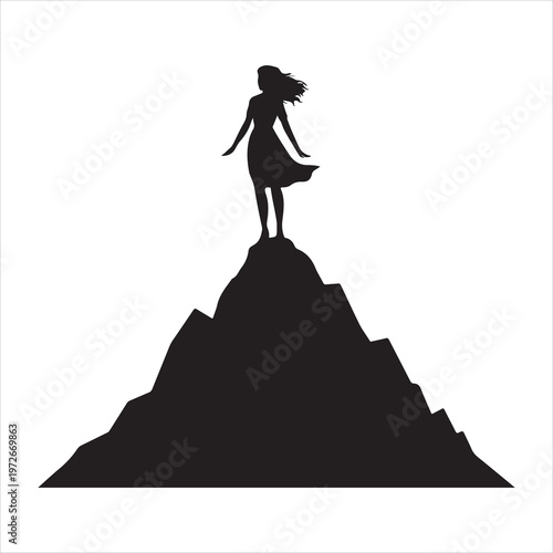 Woman silhouette standing on mountain peak vector illustration, freedom adventure nature design