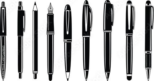 Pen and pencil silhouette set vector illustration, writing instruments collection, office and school stationery design, black and white tools isolated on background