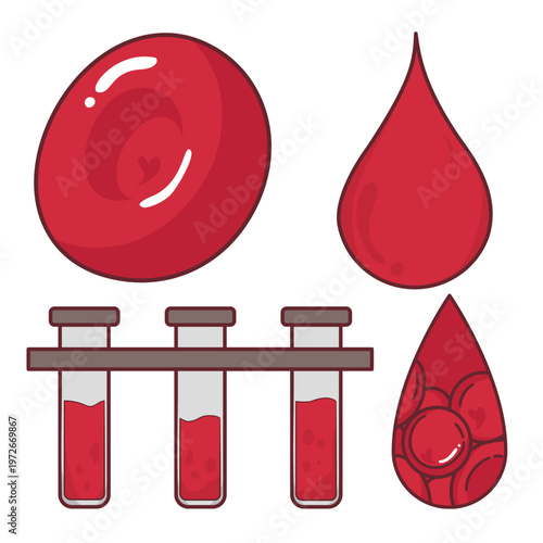 Red blood cells test tubes drops medical anatomy icon set