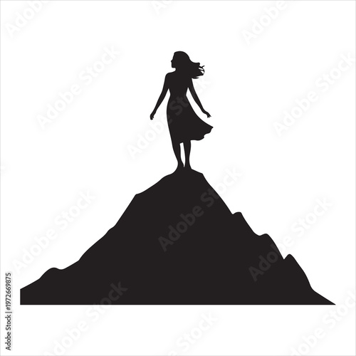 Woman silhouette standing on mountain peak vector illustration, freedom adventure nature design