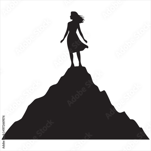 Woman silhouette standing on mountain peak vector illustration, freedom adventure nature design