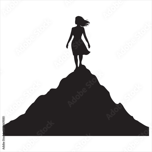 Woman silhouette standing on mountain peak vector illustration, freedom adventure nature design