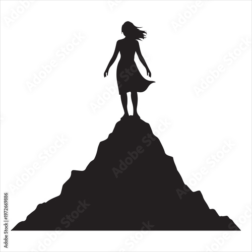 Woman silhouette standing on mountain peak vector illustration, freedom adventure nature design
