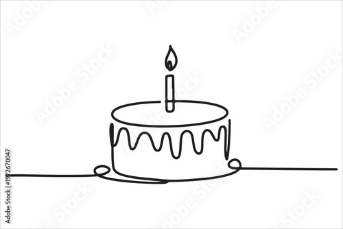 Continuous one line drawing birthday cake with candles sweet celebration vector dessert minimal outline illustration design