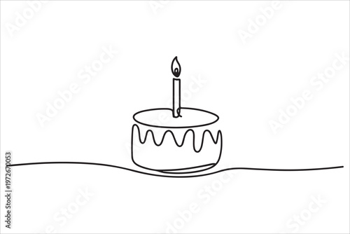 Continuous one line drawing birthday cake with candles sweet celebration vector dessert minimal outline illustration design