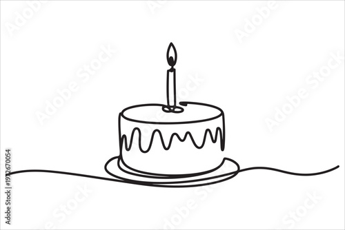 Continuous one line drawing birthday cake with candles sweet celebration vector dessert minimal outline illustration design