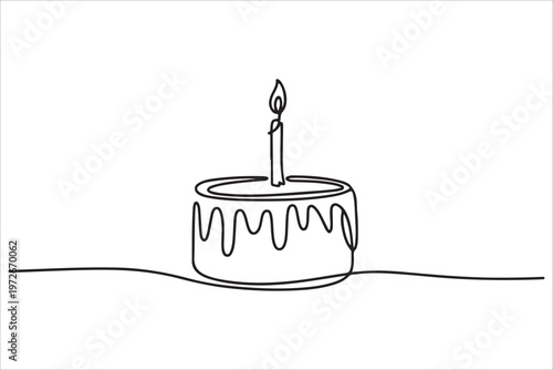Continuous one line drawing birthday cake with candles sweet celebration vector dessert minimal outline illustration design