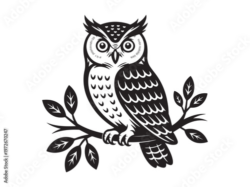 Owl silhouette on tree branch minimalist vector, Owl on branch silhouette illustration vector bird wildlife nature drawing isolated on white background
