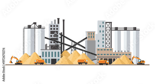 A sprawling industrial factory complex featuring tall white silos and intricate conveyor systems stands amidst large piles of sand under a clear white sky.