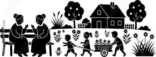 Silhouette vector illustration of grandmothers talking on a park bench while children play in a garden with a house, trees, and flowers.